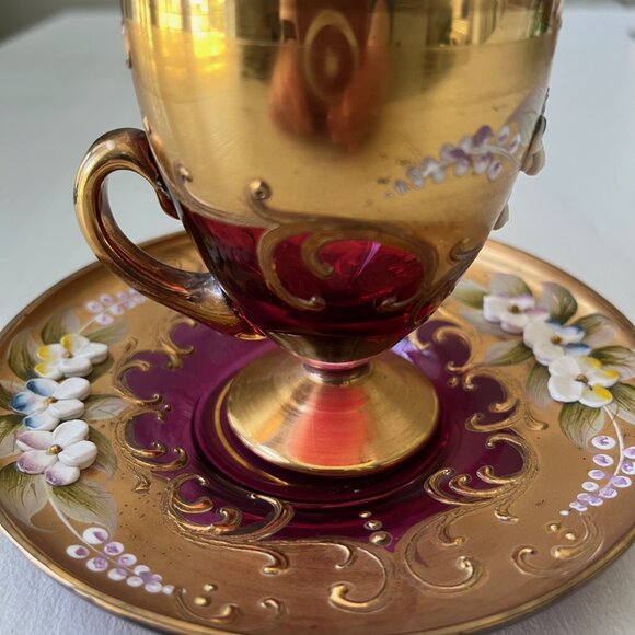 MURANO GLASS TEACUP SAUCER SET ITALY Venetian Hand Painted, Raised Floral Design - Picture 6 of 10